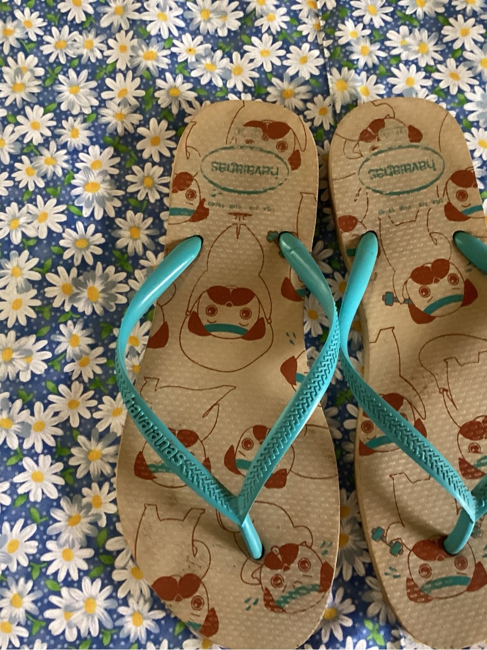 Havaianas Teal-Strap Flip Flops with Brown Cartoon Print